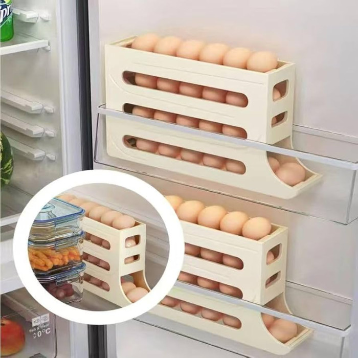 Double Layer Egg Dispenser Automatic Roll Down Refrigerator Egg Basket